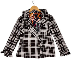 C Wonder M Womens Blazer Plaid Brown White Ruffle Dark Fairy Feminine Office NEW